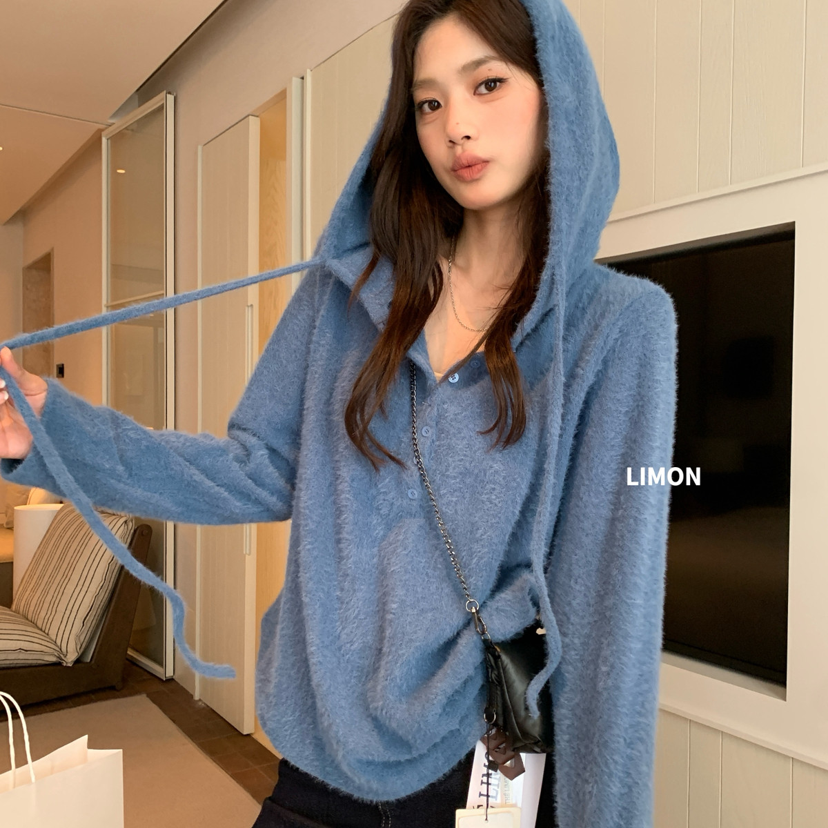 柠檬绿茶-冬上新舒适日常松弛感毛感宽松大版连帽T小衫11512