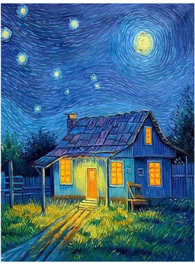 梵高星空手绘油画客厅抽象夜晚艺术壁画装饰蓝色小众挂画玄关房屋