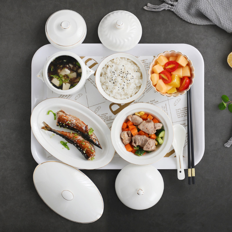 陶瓷产后餐具，有盖子盘子的环保单人，套装餐，汤杯卫生和碗孕妇