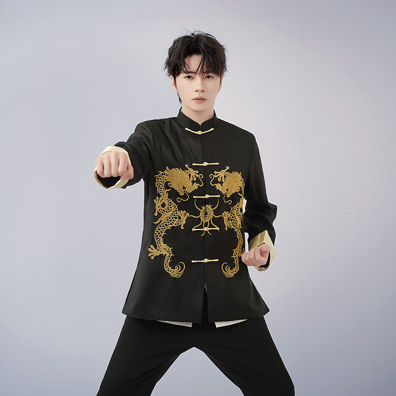 2026新款春秋爸爸唐装男衬衫套装长袖中老年太极服中国风晨练
