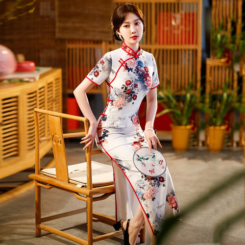 2026新款春季中国风仿真丝长款双层旗袍女演出走秀立领旗袍连衣裙