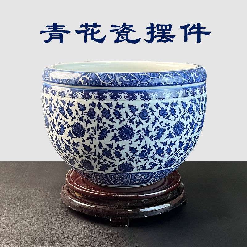景德镇青花瓷方形陶瓷缸花盆工艺礼品摆饰风家居水缸手绘养鱼缸