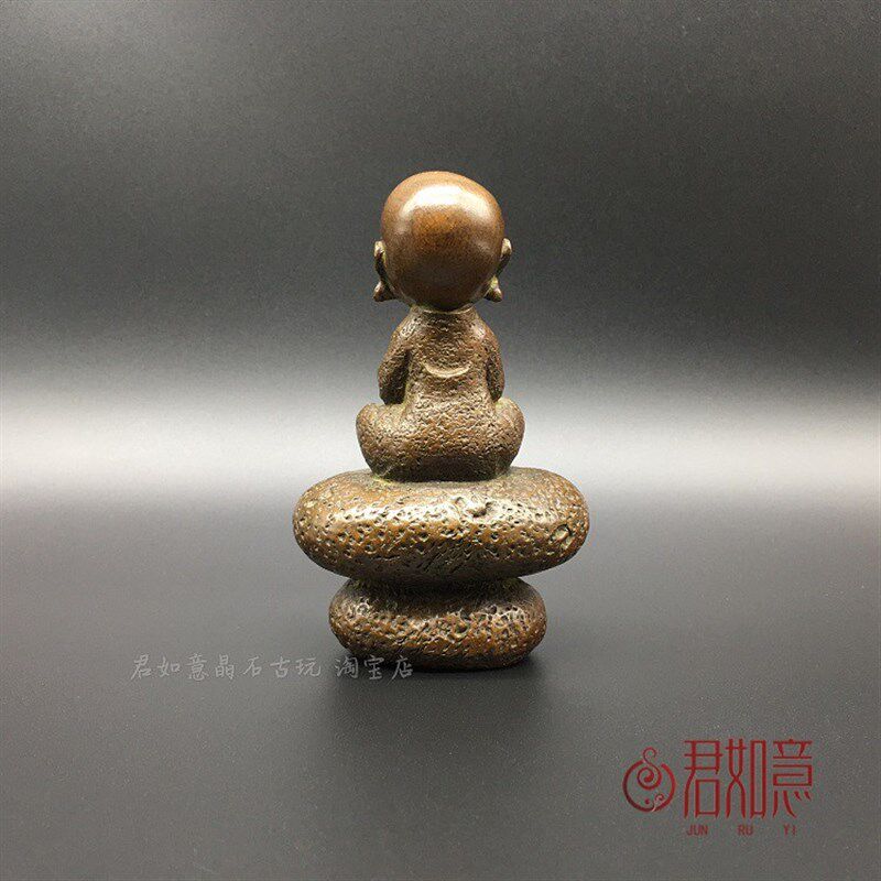 铜器禅意摆件实心铜石头坐禅小和尚莲花香托香插坐石小沙弥茶宠