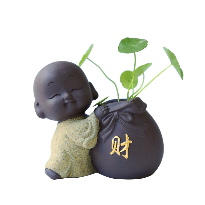 桌面禅意紫砂小和尚水培花盆陶瓷铜钱草绿萝水养植物器皿小花插
