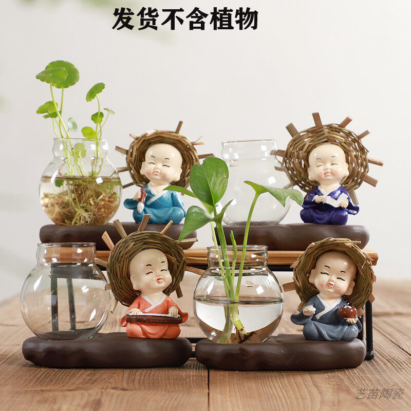 创意玻璃花瓶桌面摆件可爱小和尚水培花盆迷你绿萝铜钱草花器摆设