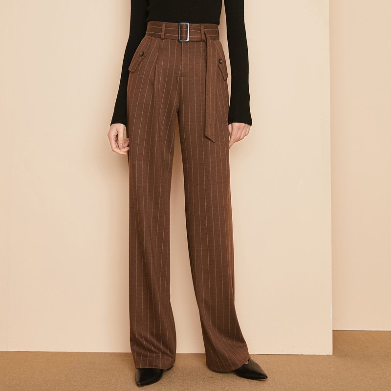 显瘦条纹毛料阔腿裤女垂感秋冬高腰长裤子羊毛呢加厚西装裤直筒裤