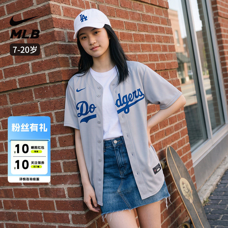 Nike耐克 MLB道奇队青少年棒球开衫宽松透气短袖T恤男女同款夏季图片
