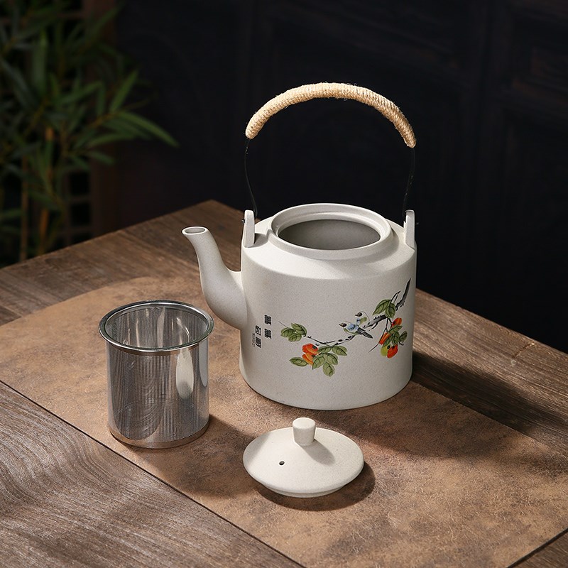 家用陶瓷茶壶古韵粗陶提梁壶酒店餐馆大容量茶壶泡茶器带滤网凉水