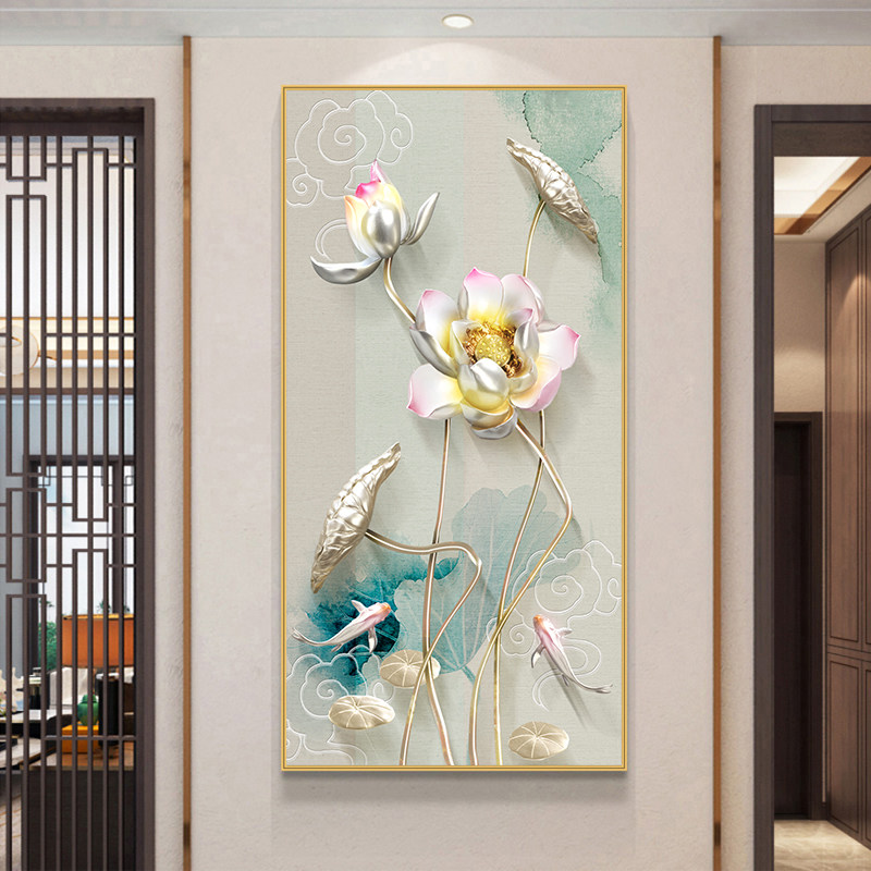 新中式玄关装饰画荷花莲花中国风走廊过道尽头挂画客厅入户墙壁画