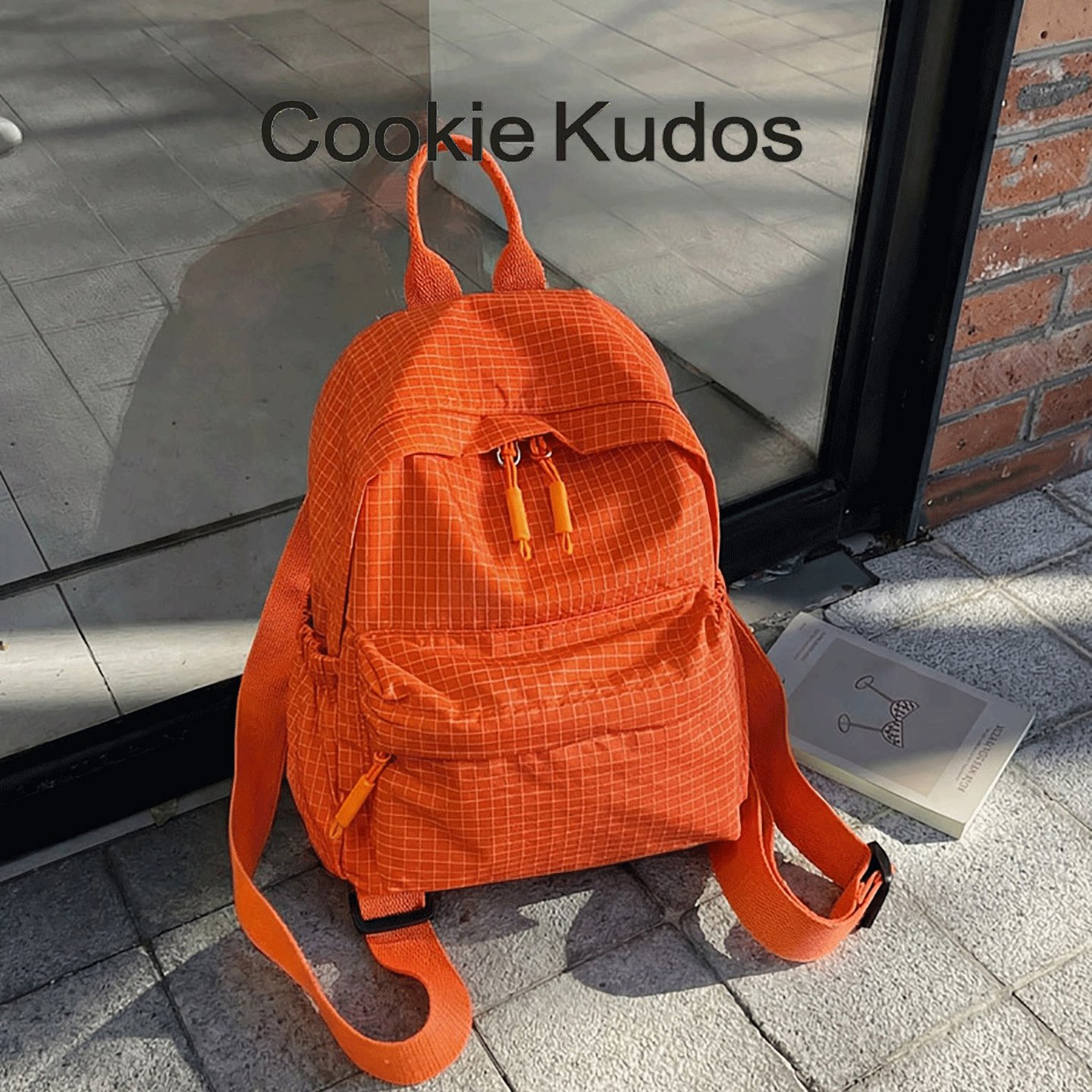 Cookie Kudos格纹双肩包女2026新款迷你休闲百搭学生书包橙色背包