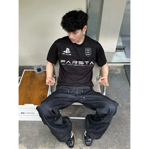 美式潮牌标语印花FARSTA短袖男女高街风健身速干网眼球服休闲上衣