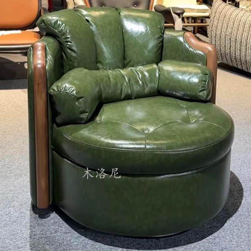 中古旋转椅书房茶室转椅油蜡头层牛皮主人位单人椅教父椅高靠背
