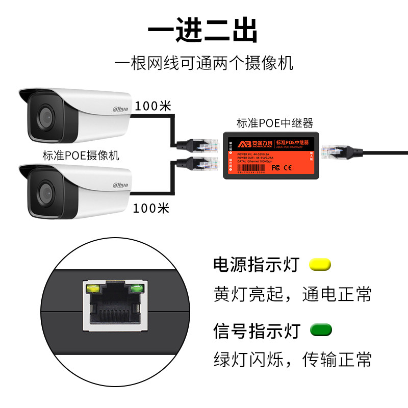 POE中继器一分二网络监控摄像机标准交换机分离器独立供电源模块