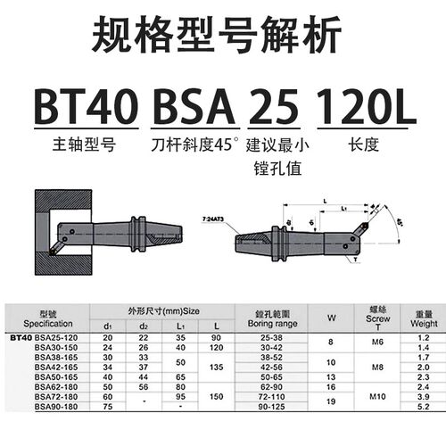 粗镗刀柄斜插BSA90度45度粗镗加工中心BT40-BSA20/25/30/38/42/50