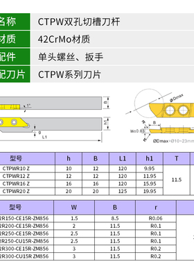 走心机外圆双孔切槽刀杆CTPWR10/12/16R端面槽切断斜口大切深刀杆