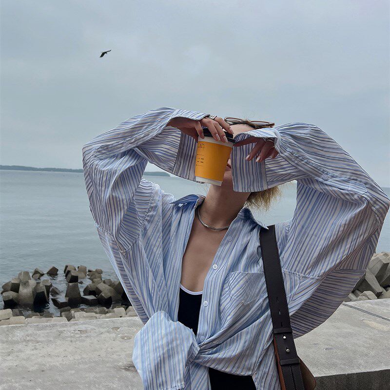 MOERSHOP 风格自定义 条纹BF风防晒衬衫女夏季新款设计感宽松衬衣