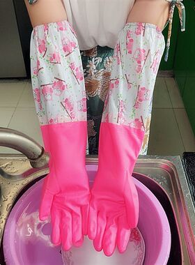 加绒皮手套防水冬季手套加棉胶手套加长带护袖女洗碗清洁家用手套