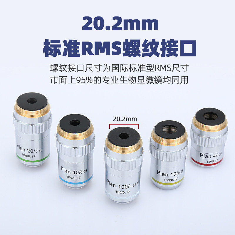 生物显微镜镜头配件195平场消色差物镜4X10X20X40X100X倍生物显微