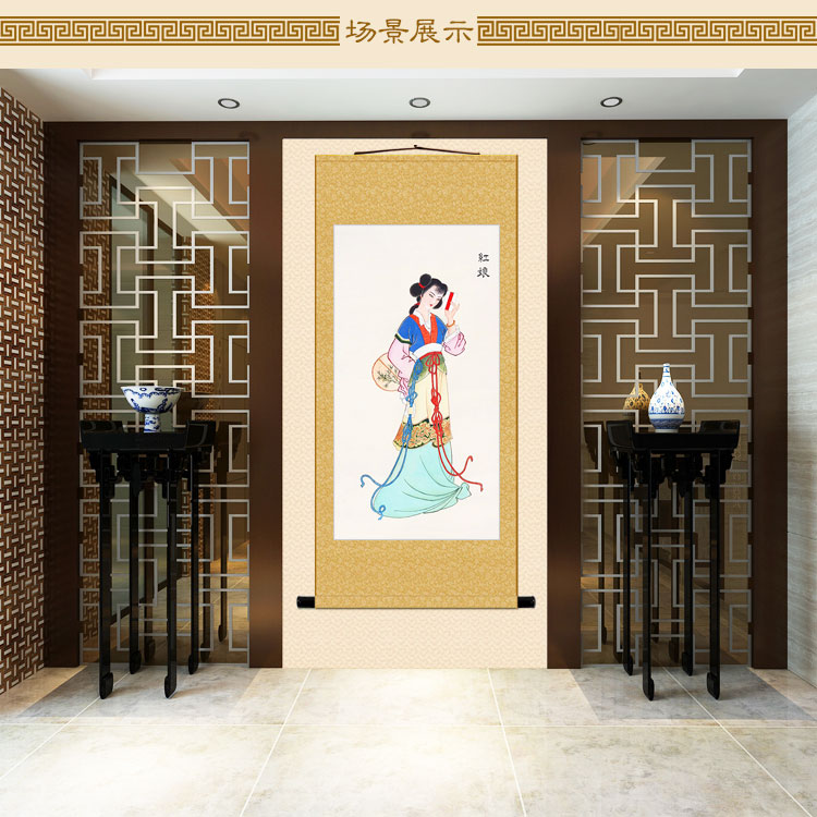 红娘画像 西厢记红娘递柬图卷轴挂画 婚介所复古装饰画丝绸画定制