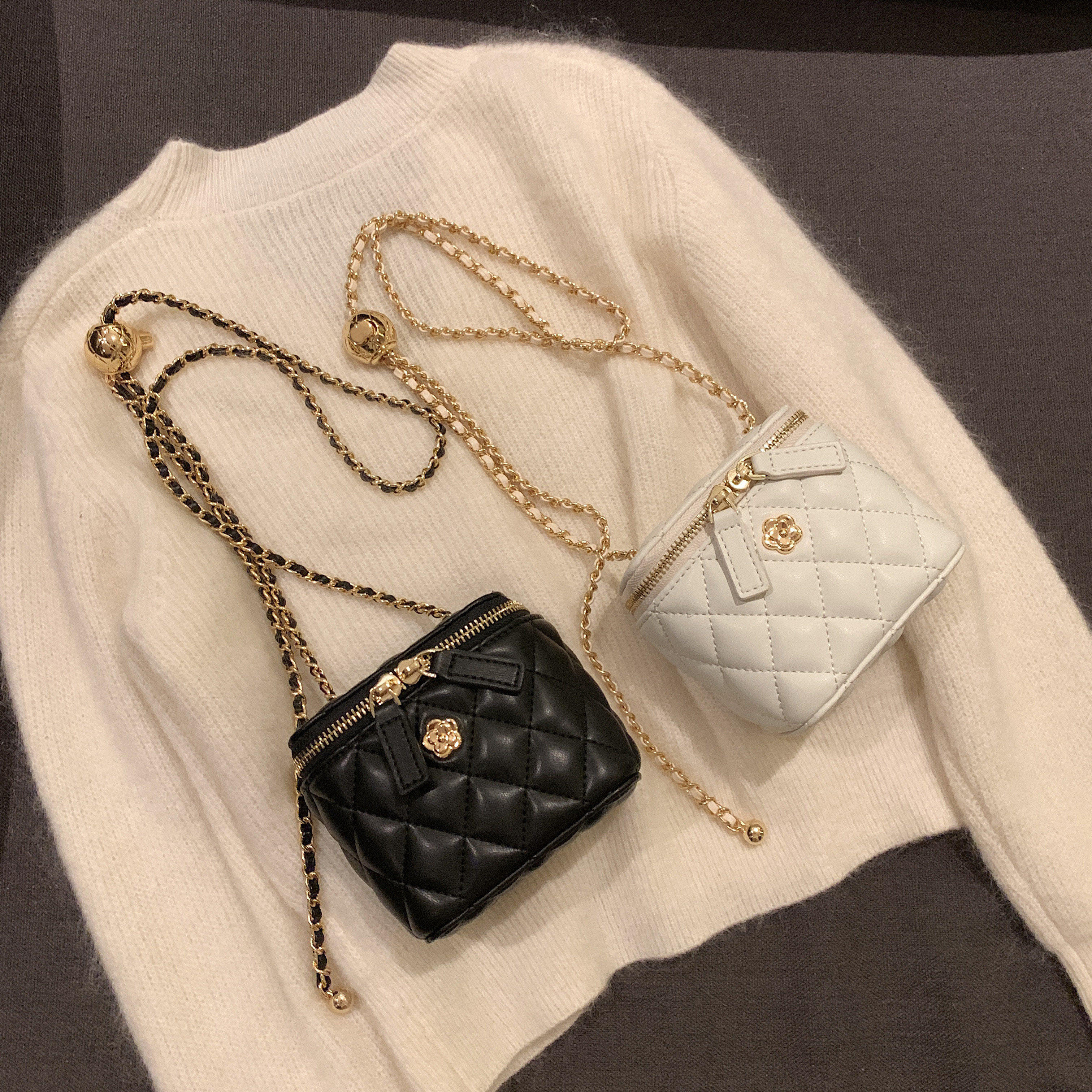 MY小众设计感韩系菱格链条方盒女包米白色迷你斜挎英伦风小包包