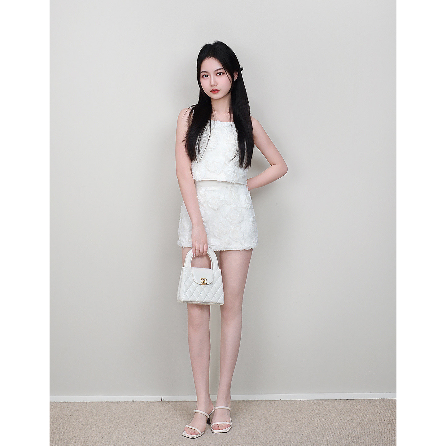 【馥郁少女】小娜椒小个子气质浪漫浮雕花朵短上衣半身短裙套装女