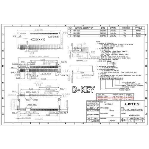 NGFF 67P连接器 M.2 SSD插槽M/E/B/A- KEY 3.2/4.2/4.8/6.7/8.5 H