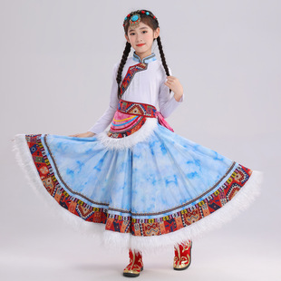 2026新款儿童藏族舞蹈服连衣裙藏族女童藏式吉祥热巴鼓舞草原大摆