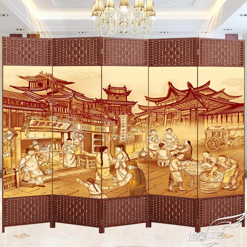 中式仿古屏风折屏隔断伸缩双面实木简易客厅折叠移动墙布空间省艺