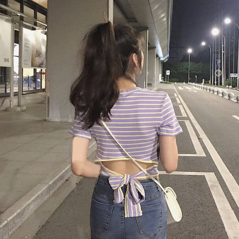 辣妹露背条纹短袖T恤夏季新款