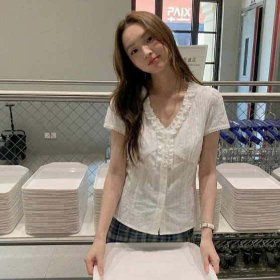 夏季甜美V领荷叶边显瘦短袖衬衫