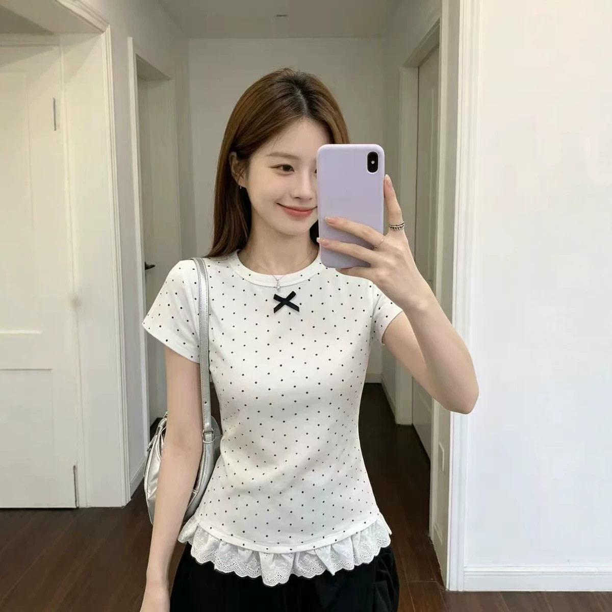 辣妹风短袖波点蝴蝶结修身T恤女