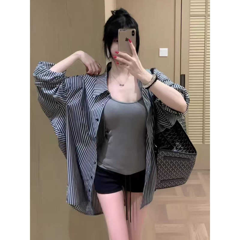 法式老钱风黑条纹防晒衬衫