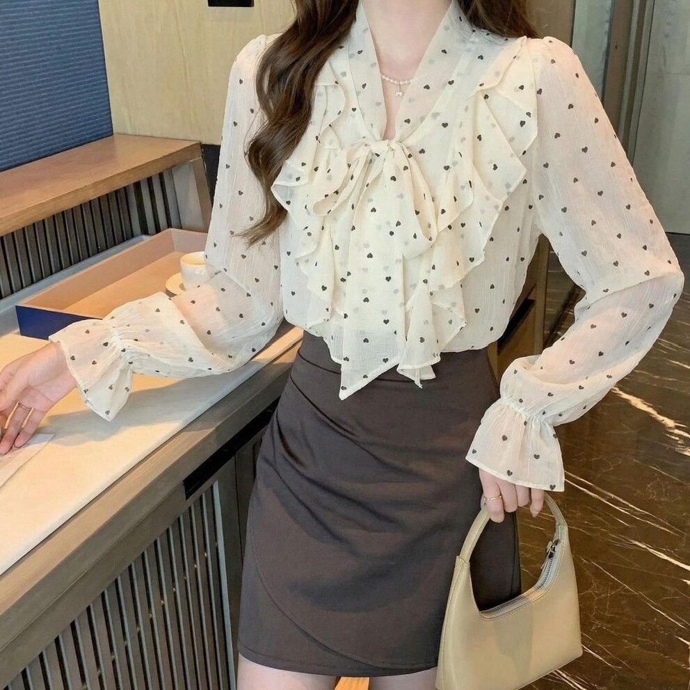 法式甜美系带V领波点长袖衬衫