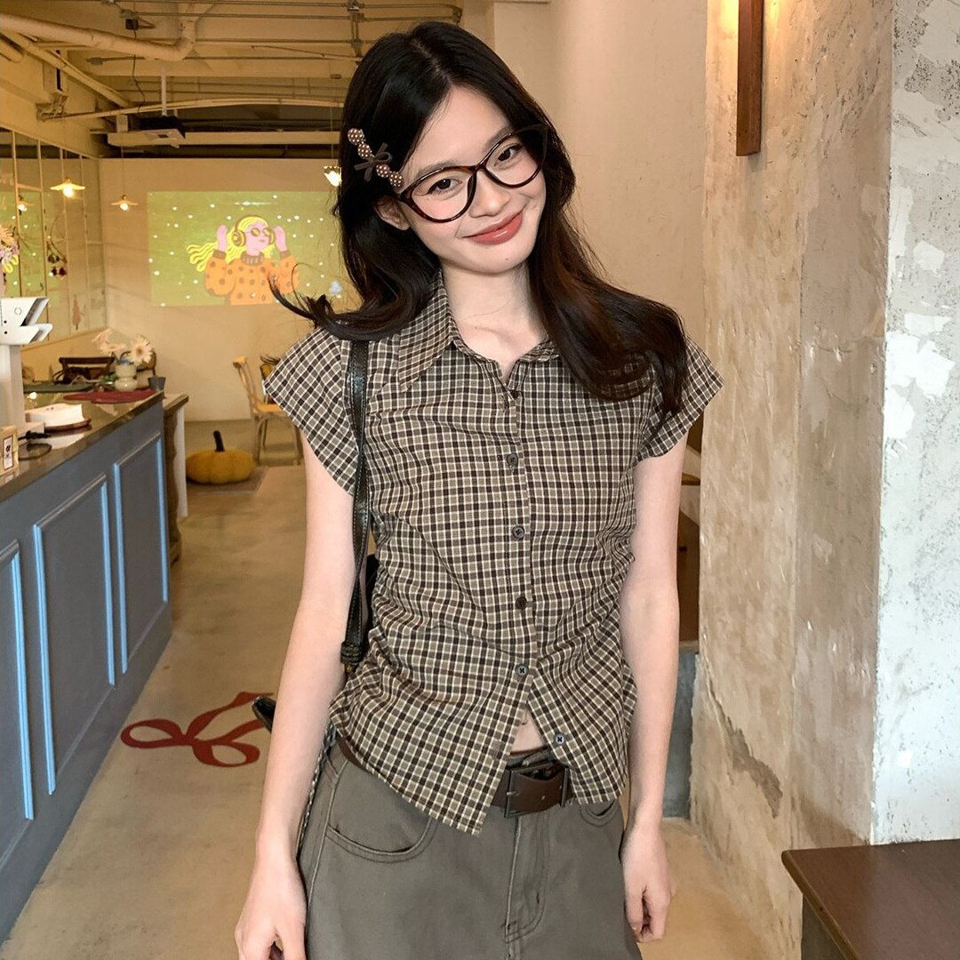 夏季格子POLO领修身显瘦衬衫女