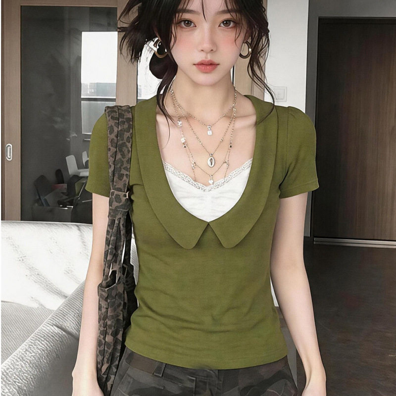 绿色假两件蕾丝短袖T恤女修身