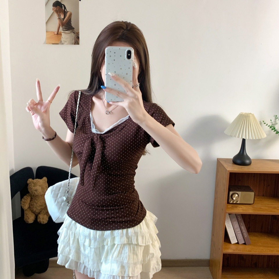 夏季甜美蕾丝蝴蝶结带胸垫T恤