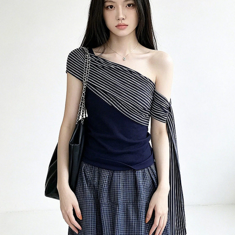 韩系复古斜肩条纹短袖T恤女