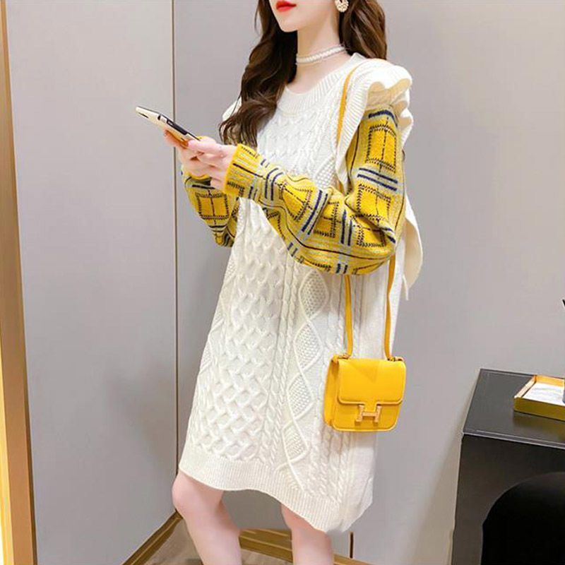 韩版假两件荷叶边中长款毛衣女