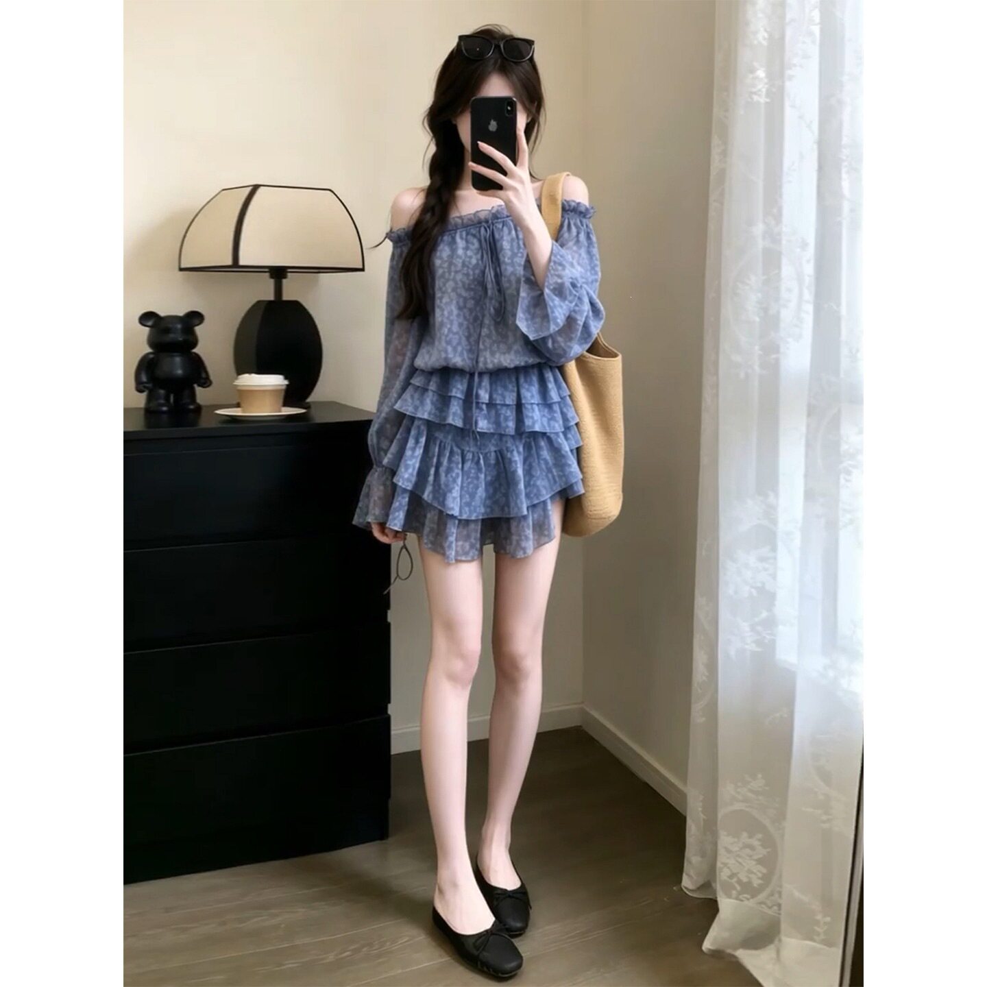 法式一字肩碎花连衣裙海边度假