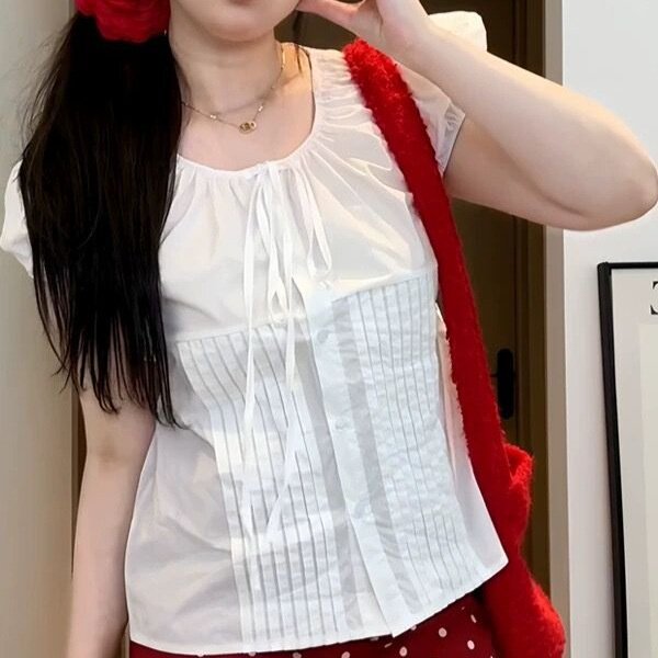夏季甜美泡泡袖系带修身短款衬衫