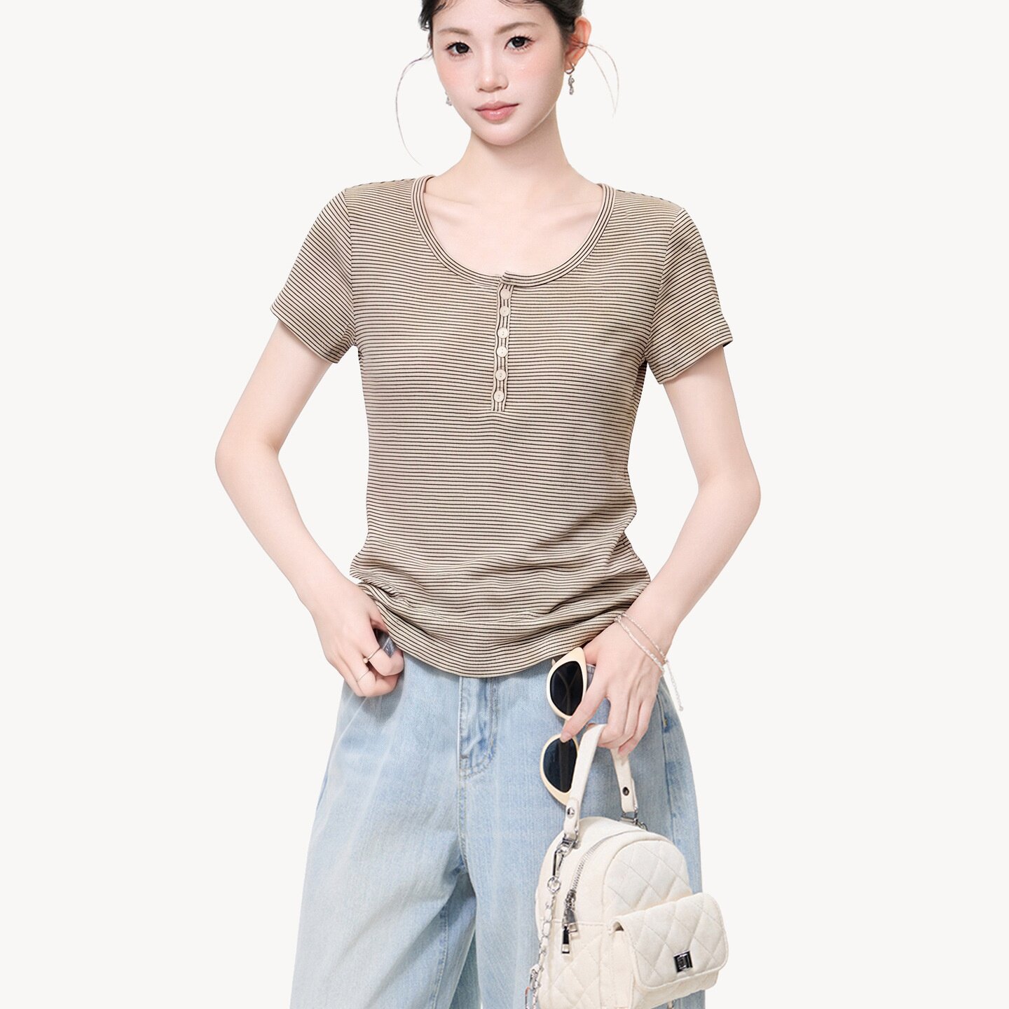 韩系撞色条纹修身显瘦短袖T恤女