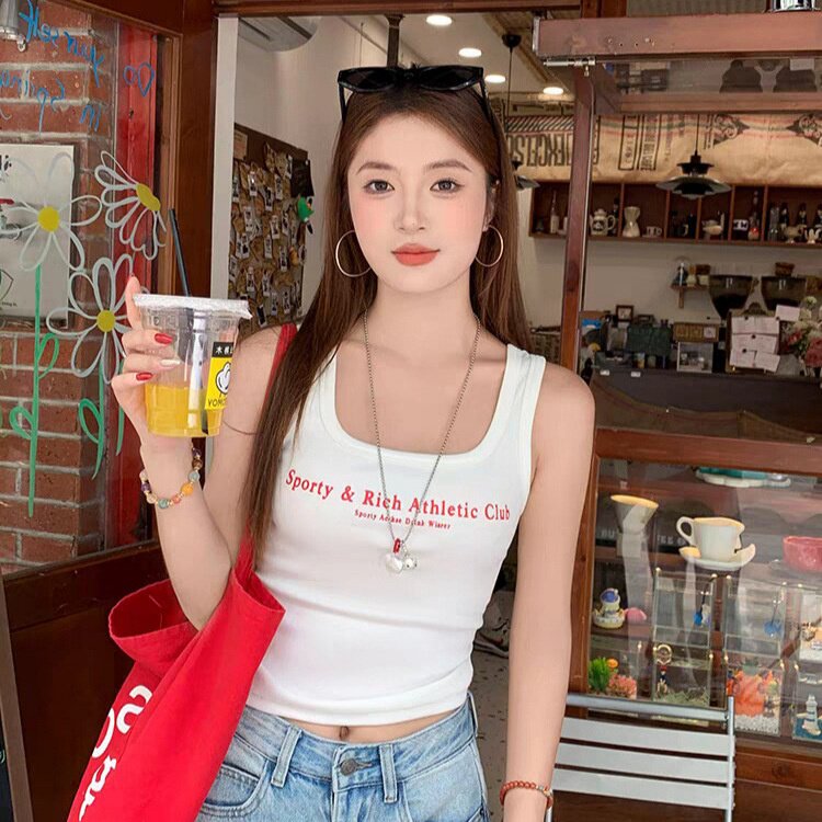 夏季纯欲U领字母修身带胸垫背心
