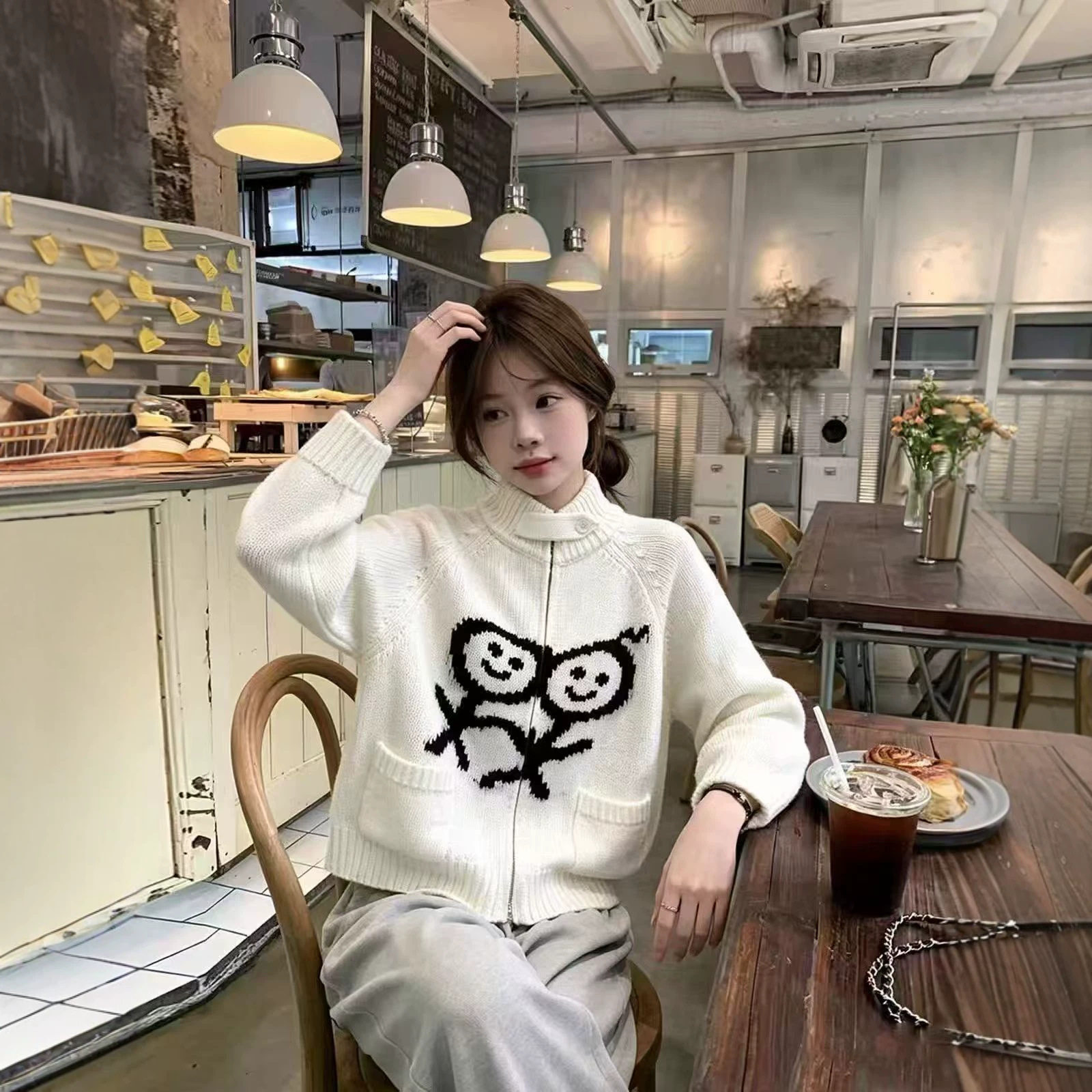 韩系火柴人针织开衫女秋新款