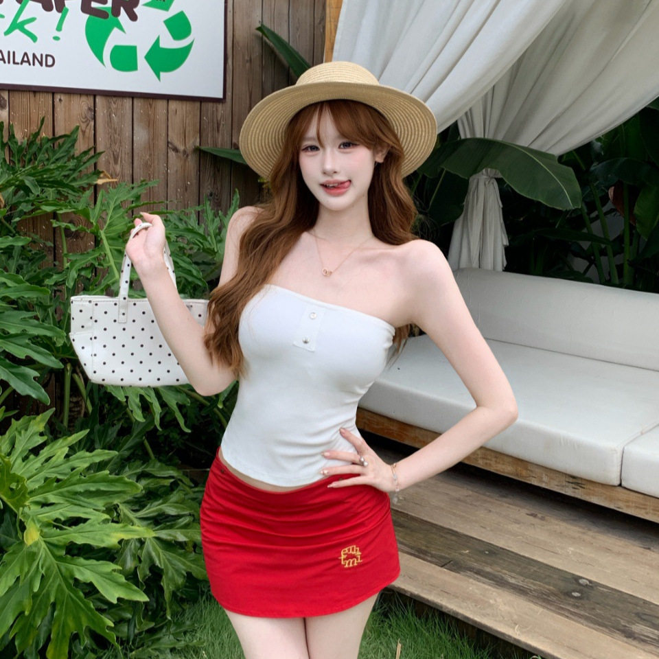 夏季辣妹风纽扣带胸垫抹胸背心