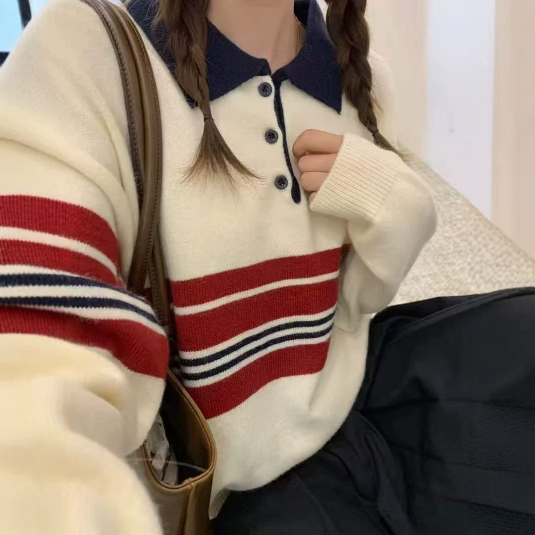 东大门撞色条纹Polo领针织卫衣