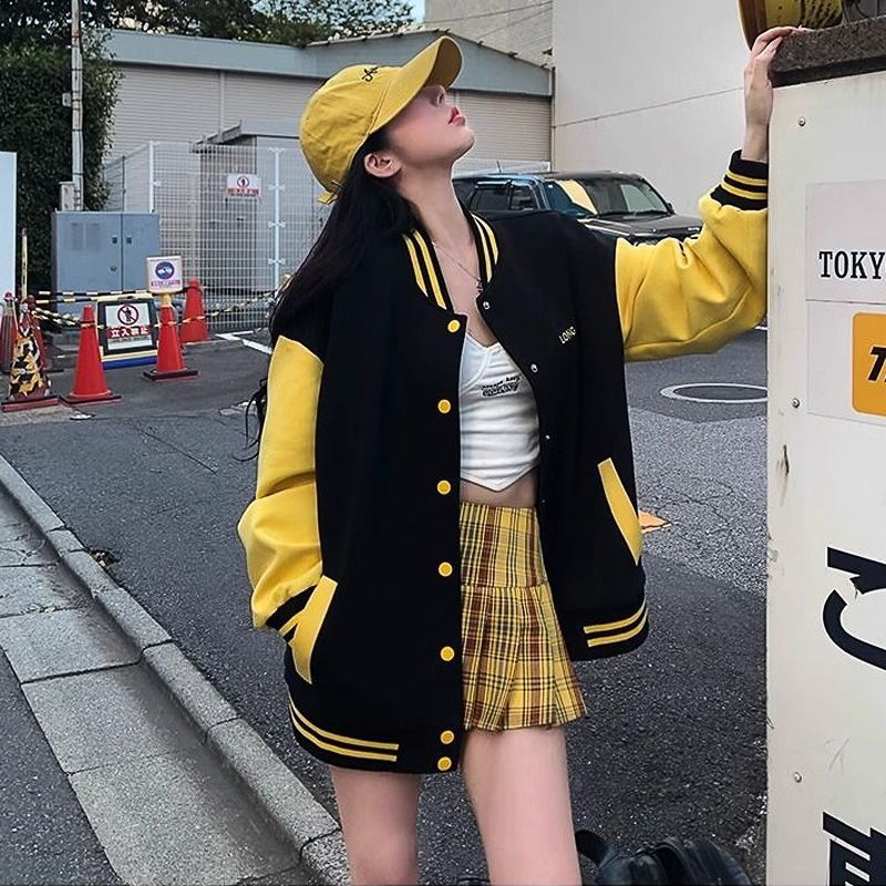 春秋美式复古字母宽松棒球服女