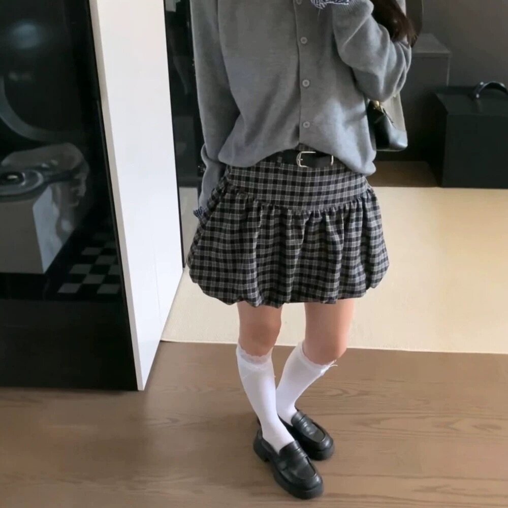 复古格子高腰显瘦花苞A字短裙