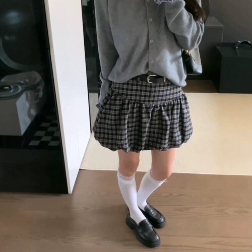复古格子高腰显瘦花苞A字短裙