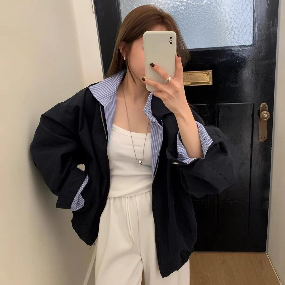 秋冬复古格纹拼接假两件棒球服