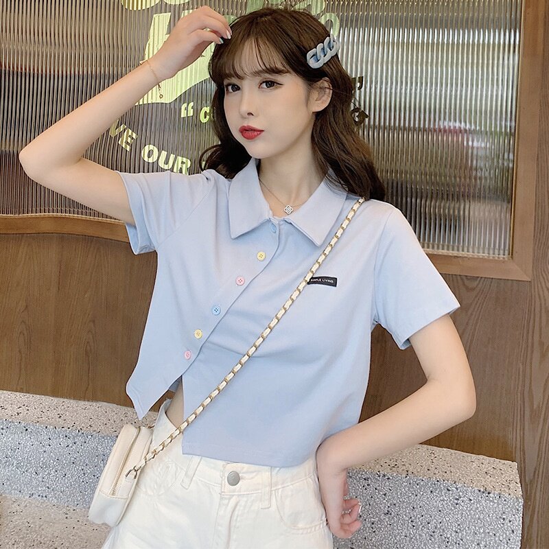 6535棉 2026夏季新款polo衫短袖t恤女修身高腰翻领短款学生上衣潮